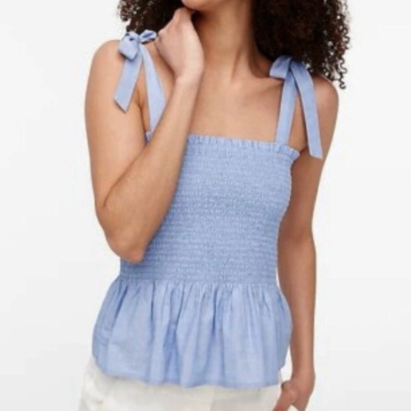 J. Crew Blue Smocked Tie Front Tank Top - Picture 1 of 9